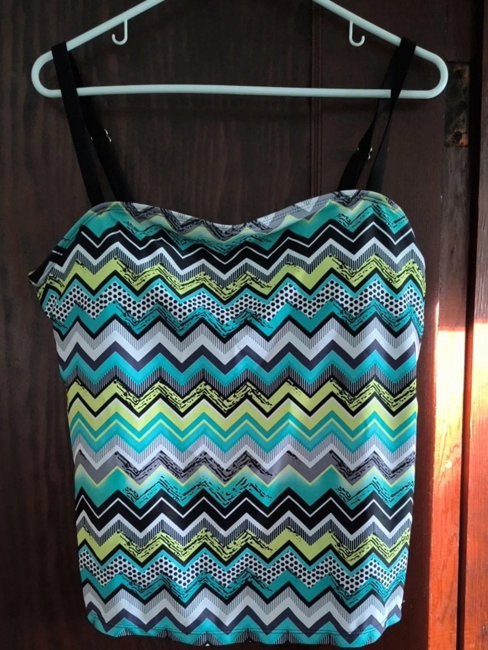 Girls Chevron Print Swimsuit Top - Teal, Yellow & Black